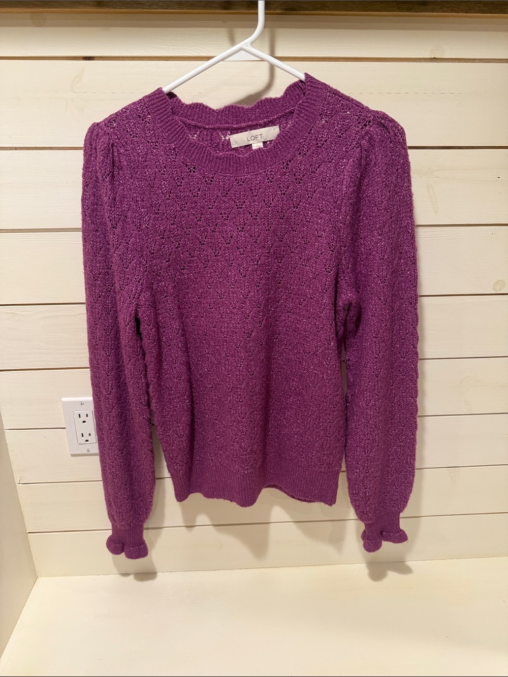 LOFT Magenta Pointelle Crewneck Sweater